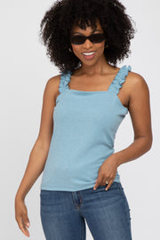 Light Blue Ribbed Square Neck Ruffle Strap Top