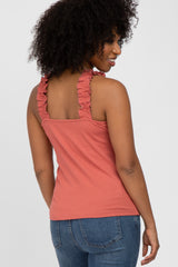 Rust Ribbed Square Neck Ruffle Strap Top