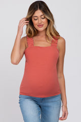 Rust Ribbed Square Neck Ruffle Strap Maternity Top