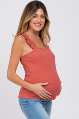 Rust Ribbed Square Neck Ruffle Strap Maternity Top