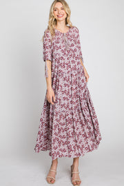 Mauve Floral Tassel Tie Tiered Maxi Dress