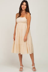 Cream Eyelet Tiered Maternity Midi Dress