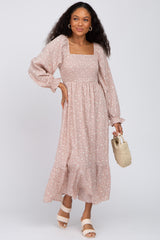 Light Pink Floral Square Neck Maternity Midi Dress