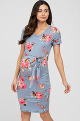 Light Blue Floral Sash Tie Maternity Fitted Dress