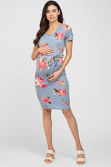 Light Blue Floral Sash Tie Maternity Fitted Dress