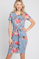 Light Blue Floral Sash Tie Maternity Fitted Dress