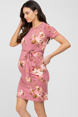 Mauve Floral Sash Tie Maternity Fitted Dress