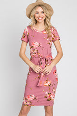 Mauve Floral Sash Tie Maternity Fitted Dress