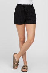 Black Pinstriped Belted Shorts