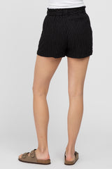 Black Pinstriped Belted Shorts