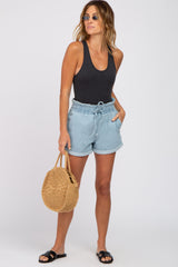 Light Blue Cuffed Paper Bag Waist Maternity Jean Shorts