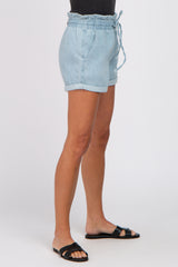 Light Blue Cuffed Paper Bag Waist Jean Shorts