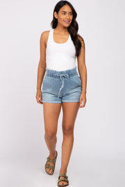 Blue Cuffed Paper Bag Waist Maternity Jean Shorts