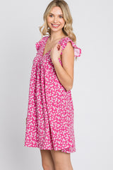 Fuchsia Floral Ruffle Sleeve Dress