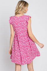 Fuchsia Floral Ruffle Sleeve Dress