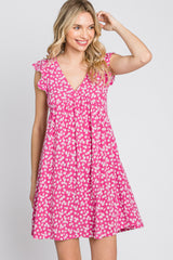 Fuchsia Floral Ruffle Sleeve Dress