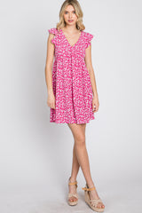 Fuchsia Floral Ruffle Sleeve Dress