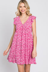 Fuchsia Floral Ruffle Sleeve Dress