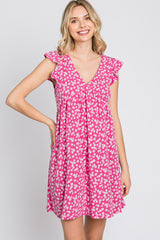 Fuchsia Floral Ruffle Sleeve Dress