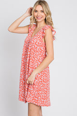 Coral Floral Ruffle Sleeve Dress