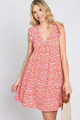 Coral Floral Ruffle Sleeve Dress