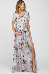 Lavender Floral Chiffon Short Sleeve Side Slit Maternity Maxi Dress