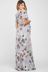 Lavender Floral Chiffon Short Sleeve Side Slit Maternity Maxi Dress