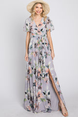 Lavender Floral Chiffon Short Sleeve Side Slit Maternity Maxi Dress