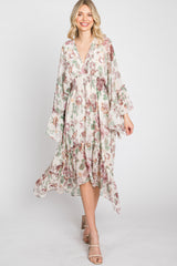 Cream Floral Chiffon Long Sleeve Midi Dress