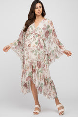 Cream Floral Chiffon Long Sleeve Maternity Midi Dress