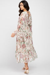 Cream Floral Chiffon Long Sleeve Maternity Midi Dress