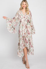 Cream Floral Chiffon Long Sleeve Maternity Midi Dress