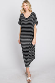 Black Striped Ribbed Curved Hem Midi Dress