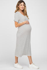 Ivory Striped Ribbed Maternity Midi Dress