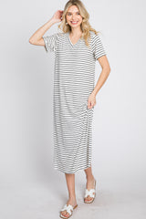 Ivory Striped Ribbed Maternity Midi Dress