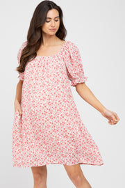 Pink Floral Short Puff Sleeve Maternity Dress