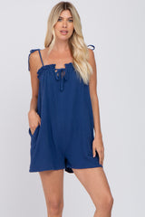 Navy Blue Ruffle Cutout Front Tie Strap Romper