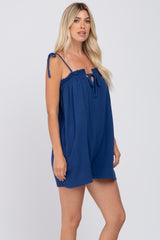 Navy Blue Ruffle Cutout Front Tie Strap Romper