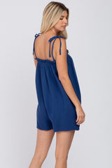 Navy Blue Ruffle Cutout Front Tie Strap Romper