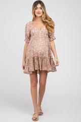 Mauve Floral Ruffle Accent Maternity Mini Dress