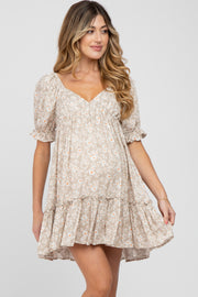 Beige Floral Ruffle Accent Maternity Mini Dress