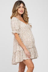 Beige Floral Ruffle Accent Maternity Mini Dress