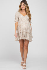 Beige Floral Ruffle Accent Maternity Mini Dress