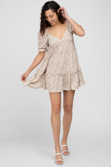 Beige Floral Ruffle Accent Mini Dress