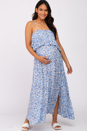 Light Blue Floral Flounce Maternity Maxi Dress