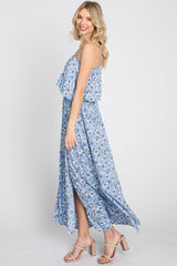 Light Blue Floral Flounce Maxi Dress