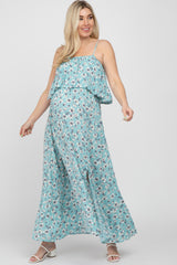 Aqua Floral Flounce Maternity Maxi Dress