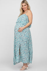 Aqua Floral Flounce Maternity Maxi Dress