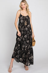 Black Floral Tiered Tassel Accent Maxi Dress