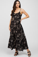 Black Floral Tiered Tassel Accent Maternity Maxi Dress